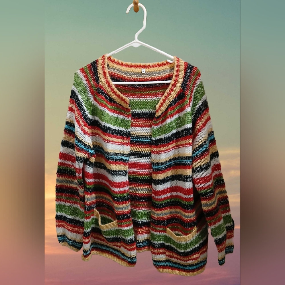 Colorful Striped Women's Knit Cardigan W/ Front Pockets, 2X